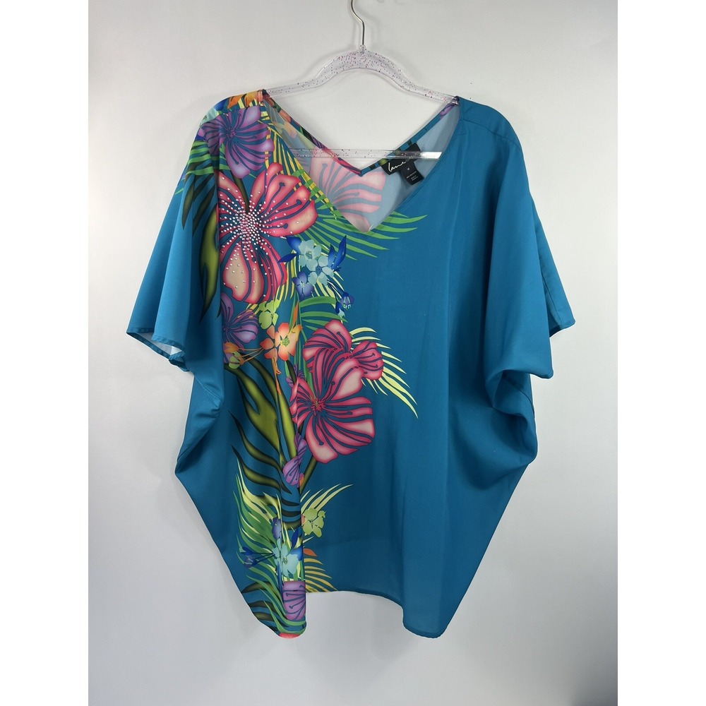 Lane Bryant Top Women's Sz 16 Blue Floral Sequins Rectangular Poncho V-Neck